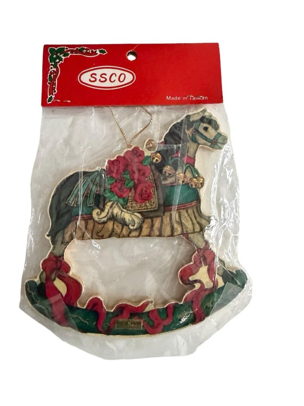 Vintage SSCO Rocking Horse Christmas Ornament Taiwan Wooden Holiday Decor NIP